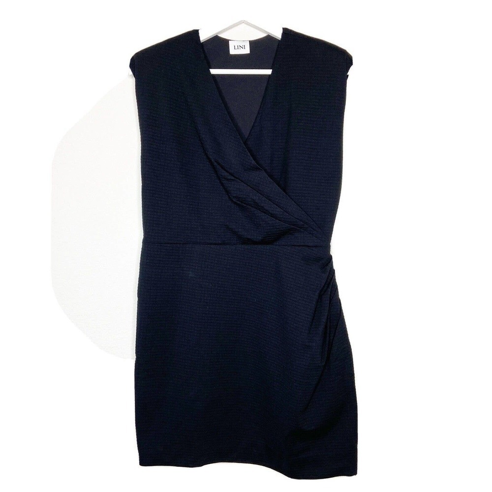 LINI Black Sleeveless Shoulder Pad Ribbed Side Ruched Dress Sz S
